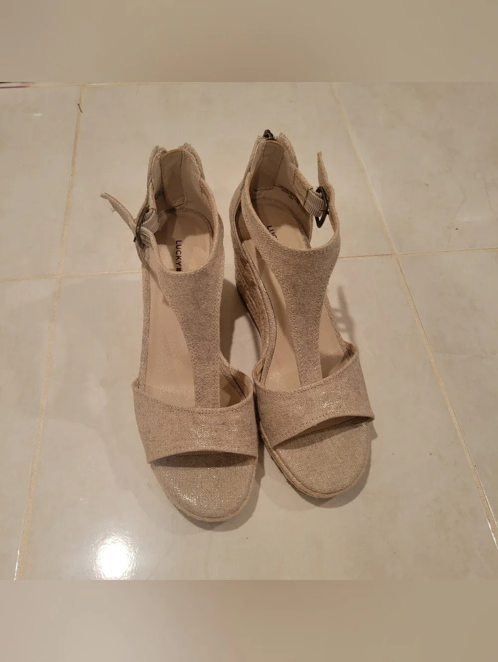 New Lucky Brand Size 8 Wedge Sandals Metallic Linen Womens Ladies Espadrille